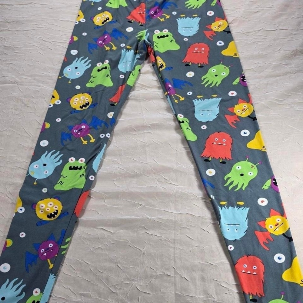 Monster Print Leggings Gray Multi Color Quirky Character Pants OS